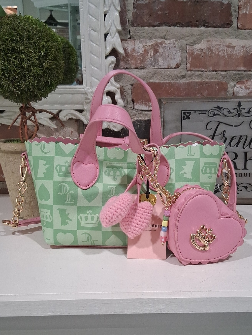 Juicy Couture Green & Pink Checkerboard Heart Mini Tote w Pink Heart Wristlet